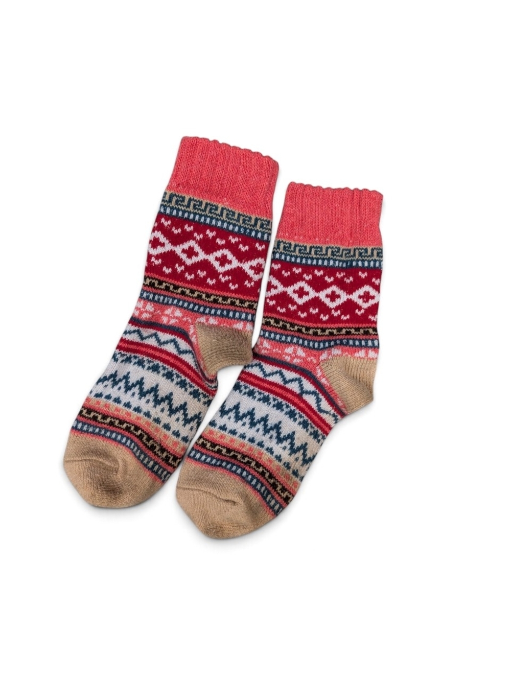 Cozy Fair Isle Pattern Men’s Crew Socks - Red, Navy & Tan